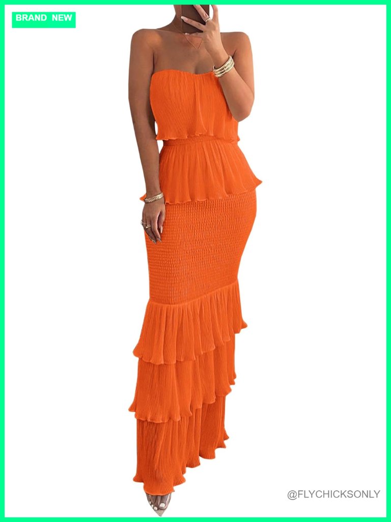 Strapless Ruffle Maxi Dress - Smocked Fitted Boho Tube Top Long Dress